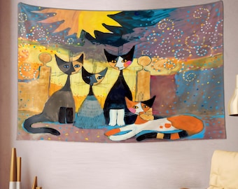 Sun Tapestry, Cat Tapestry, Artistic Cats Decor, Bedroom Tapestry, Wall Decor Cat, Salon Tapestry, Dinner Room Tapestry, Kids Room Decor Art