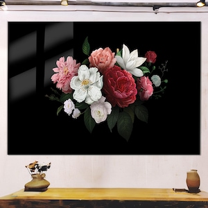 Floral Glass Wall Art, Elegant Dark Botanical Print, Modern Vintage Flower Artwork, Luxury Peony and Rose Home Decor, Black Background Wall