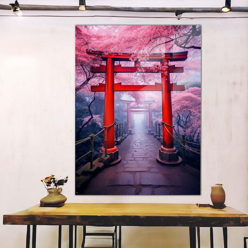 Japanese Torii Gate, Japan’s latest in travel, food, art, and fashion Decor, Tempered Glass Decor, Wall Decor Hangings, Pink Wall Decor Art