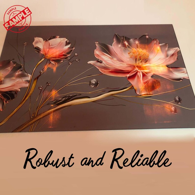 May include: A painting of pink flowers with gold stems on a dark gray background. The flowers are translucent and have a glowing effect.