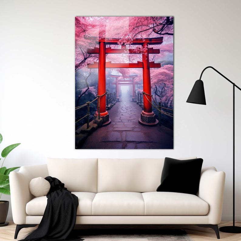 Japanese Torii Gate, Japan’s latest in travel, food, art, and fashion Decor, Tempered Glass Decor, Wall Decor Hangings, Pink Wall Decor Art
