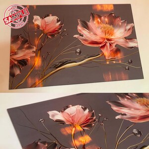 May include: A canvas print featuring a floral design with pink flowers and gold stems on a gray background.