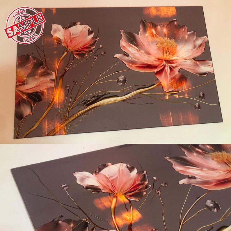 May include: A canvas print featuring a floral design with pink flowers and gold stems on a gray background.