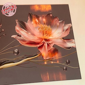 May include: A pink flower with gold accents on a brown background. The flower has a delicate, translucent appearance, with light shining through its petals.