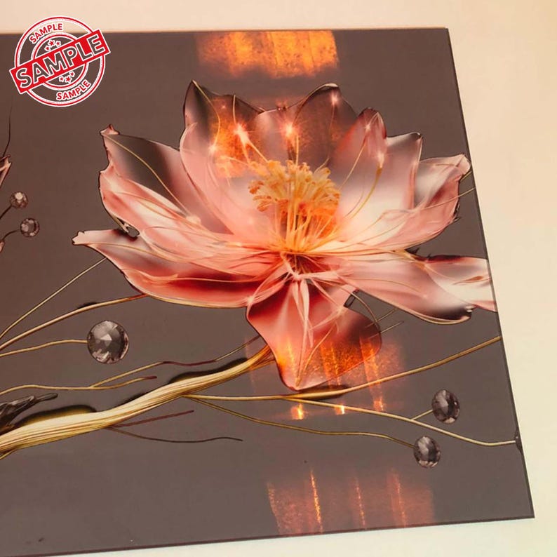 May include: A pink flower with gold accents on a brown background. The flower has a delicate, translucent appearance, with light shining through its petals.