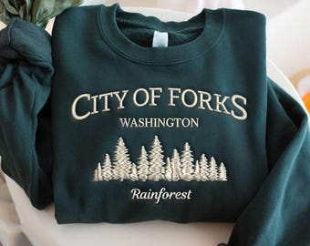 City of Forks Washington Embroidered Sweatshirt, Rainforest Crewneck