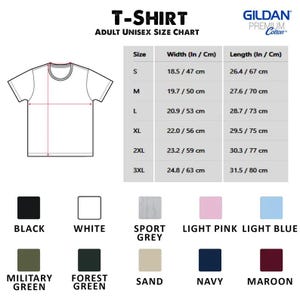 May include: A Gildan Premium Cotton t-shirt adult unisex size chart featuring a line drawing of a t-shirt with width and length measurements in inches and centimeters for sizes S through 3XL, alongside a color palette of eleven available fabric colors.