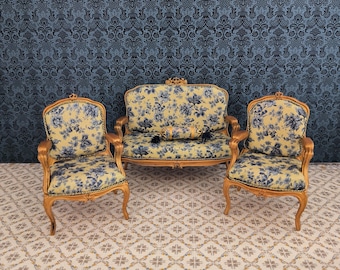 Miniature Louis XV style armchair set for dollhouse 1/12 scale gift