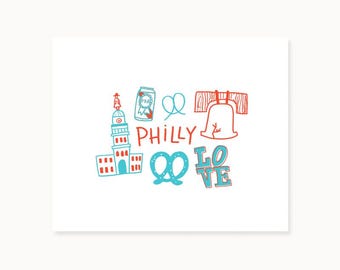 Philadelphia Landmarks Art Print – handgetekende Philadelphia-illustratie | Philadelphia-cadeau voor locals en fans