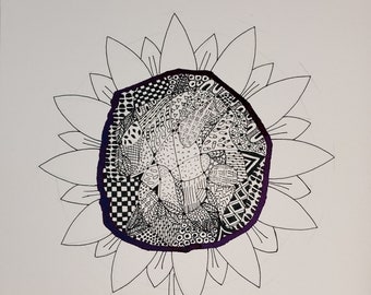 Sunflower, an inkling. Pen and ink drawing. Sparkly vibrant ink circle. Shines pinkish in the light. Whimsical and pristinely drawn. OOAK