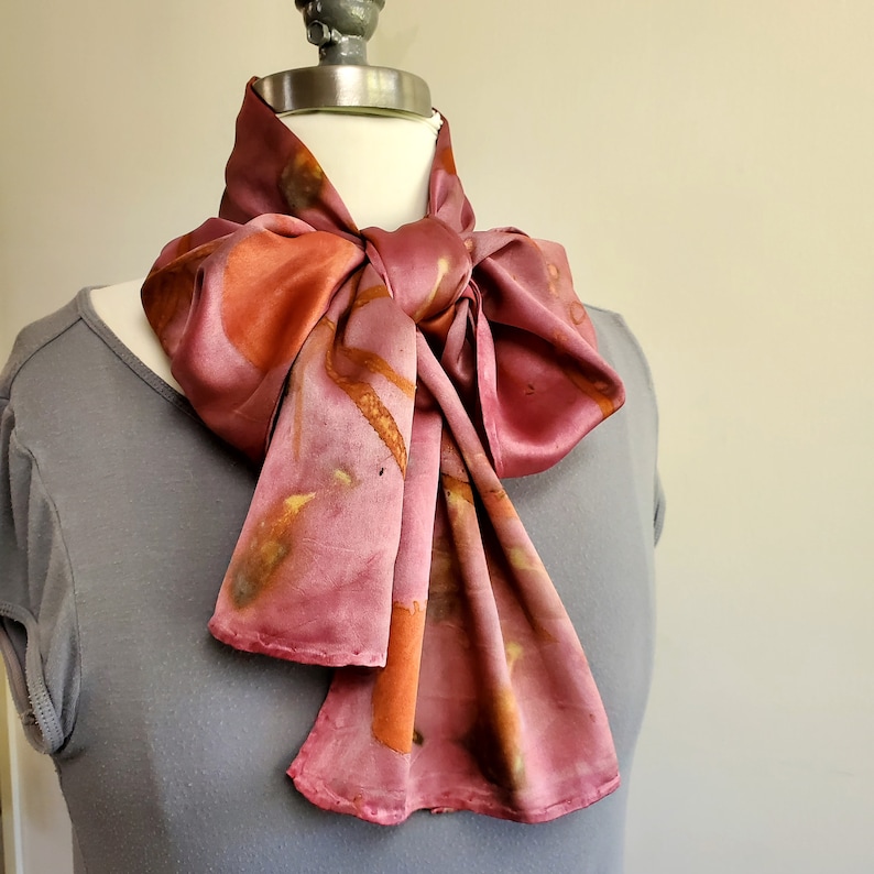 Petals and Stars, silk charmeuse scarf of cochineal rose. Naturally dyed and earth loving eco print, Polka dots, OOAK, luxurious art to wear image 1