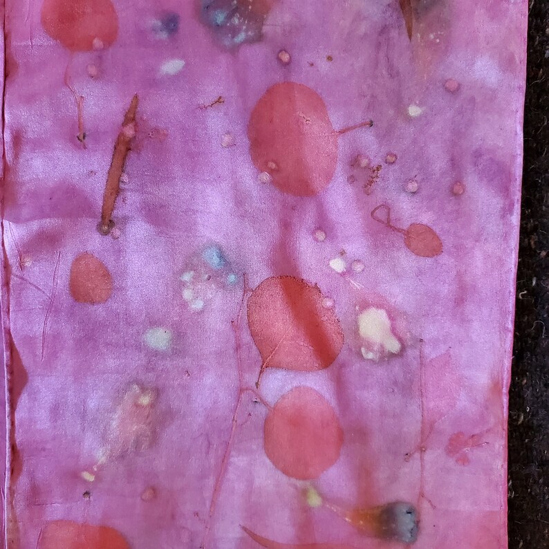 Petals and Stars, silk charmeuse scarf of cochineal rose. Naturally dyed and earth loving eco print, Polka dots, OOAK, luxurious art to wear image 9
