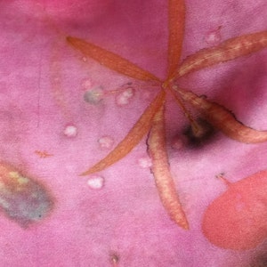 Petals and Stars, silk charmeuse scarf of cochineal rose. Naturally dyed and earth loving eco print, Polka dots, OOAK, luxurious art to wear image 5