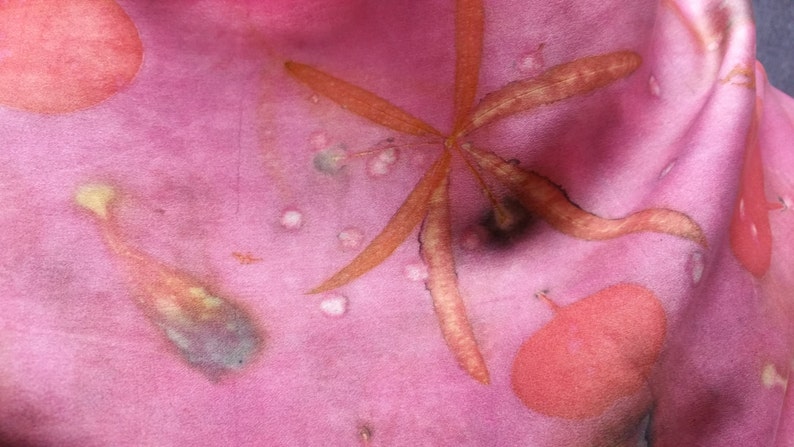 Petals and Stars, silk charmeuse scarf of cochineal rose. Naturally dyed and earth loving eco print, Polka dots, OOAK, luxurious art to wear image 5