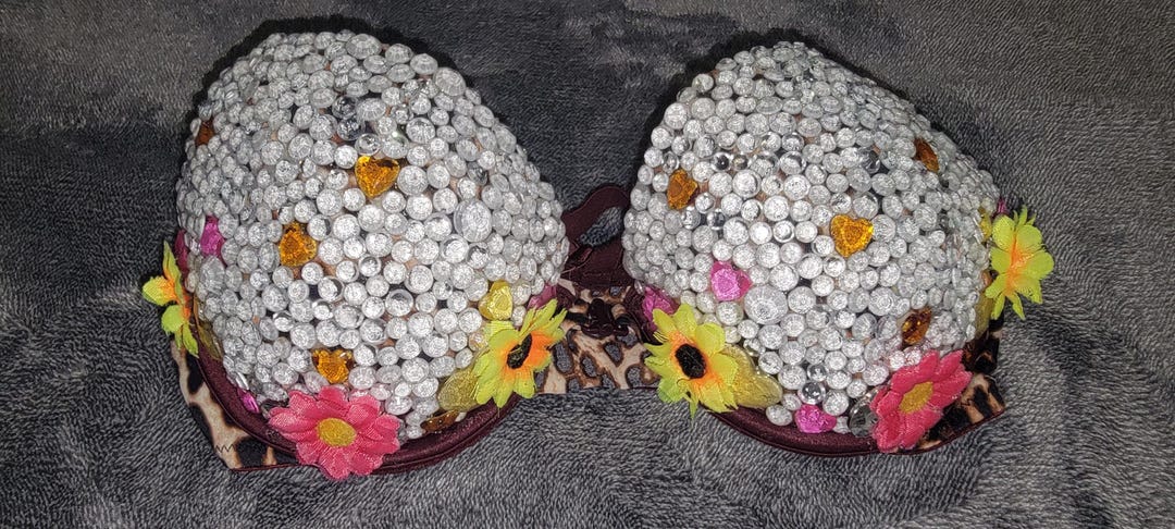 Handcrafted Rave Bra 32C With Rhinestones and Flowers, Rave Bra ...
