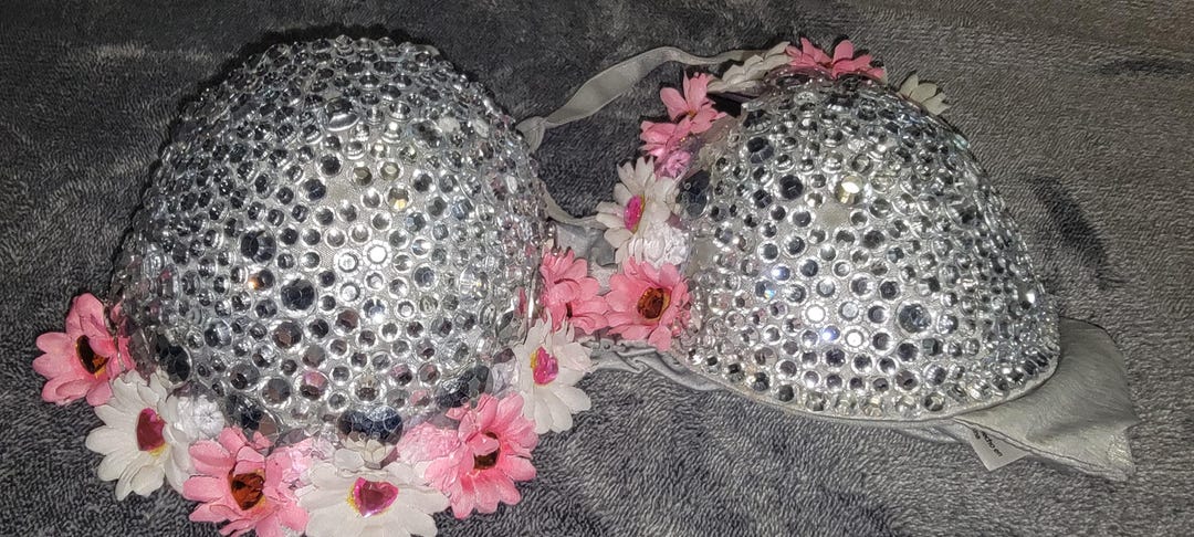 Handcrafted Rave Bra With Rhinestones and Flowers, Size 38B, Festival ...