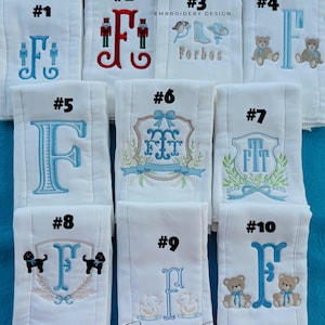 Embroidered burp cloths for boys, embroidered burp cloths, baby embroidery, baby boy essentials, embroidered monogram burp cloths