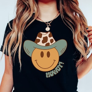 Shirt met smileygezicht met cowboyhoed Schattig T-shirt voor dochter van meisje Stijlvol westernshirt voor tiener T-shirt voor vrouw Retro grafisch T-shirt voor vriend