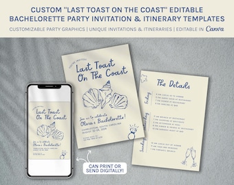 Coastal Bachelorette Invitation & Itinerary, Last Toast on the Coast (Canva Editable Digital Download)