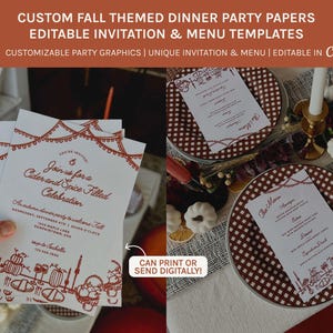 May include: Editable templates for a fall-themed dinner party. The invitation and menu feature a red and white checkered pattern with a cider and spice theme. The text reads "Join us for a Cider and Spice Filled Celebration".