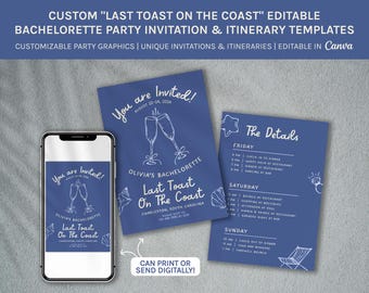 Coastal Bachelorette Invitation & Itinerary, Last Toast on the Coast (Canva Editable, Digital Download)