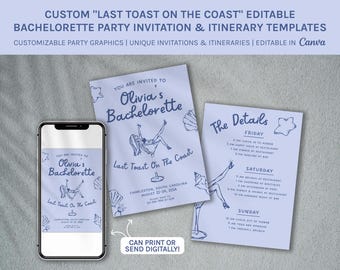 Coastal Bachelorette Invitation & Itinerary, Beach Theme (Canva Editable, Digital Download)