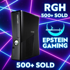 May include: A black Xbox 360 console with the text "CRS XBOX" on the side. The image has a neon blue and pink background with the text "RGH 500+ SOLD" and "Epstein Gaming".