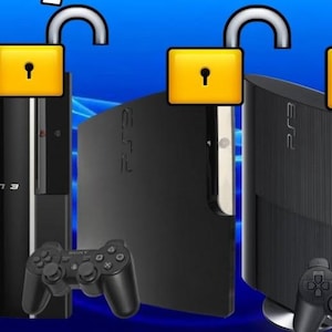 May include: Three black PlayStation 3 consoles are shown with controllers, each topped with a yellow padlock graphic. The background is a blue gradient with white wave patterns. The PlayStation 3 logo is visible on one console.