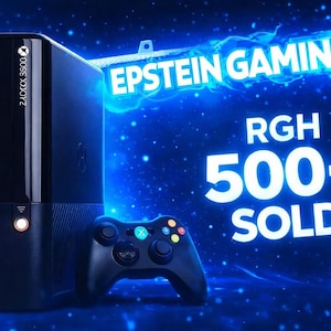 May include: Black gaming console and controller, set against a blue background with the text "Epstein Gaming" and "RGH 500+ SOLD". The console has a power button and a disc drive.