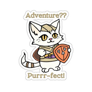 Può includere: Un gatto bianco con segni marroni è vestito da guerriero, tenendo uno scudo con un design rosso e arancione. Il gatto guarda lo spettatore con un'espressione determinata. Il testo "Adventure??" è sopra il gatto e "Purrr-fect!" è sotto il gatto.