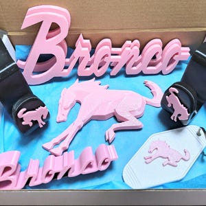 May include: A collection of pink 3D-printed items including two Bronco script signs, a running horse emblem, and a white motel-style keychain with a horse logo, alongside two black metal hooks featuring small pink horse emblems.