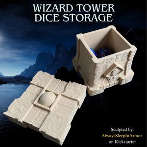 May include: A white, 3D printed dice tower shaped like a wizard's tower with a removable lid. The tower has a stone-like texture and a small window on the side. The lid is a square tile with a circular indentation in the center. The tower is designed to hold dice for tabletop games.