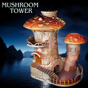 May include: A whimsical mushroom tower house with a brown and orange cap, a stone base, and a wooden fence. The house has two levels with windows and a balcony. The tower is situated on a body of water with mountains in the background.