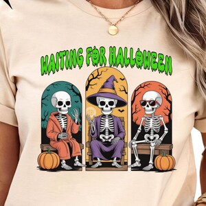 Waiting for Halloween Shirt | Funny Skeleton Halloween T-Shirt | Spooky Season Graphic Tee | Cute Fall Shirt | Retro Witch Pumpkin Top