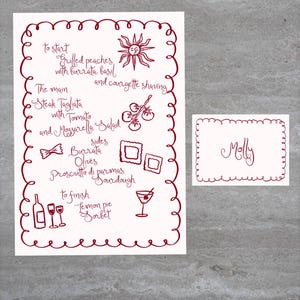Menu tematyczne i wizytówka w stylu włoskim, menu ilustrowane, fantazyjny design, menu weselne, menu na wieczór panieński
