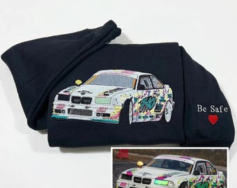 Felpa con cappuccio personalizzata con ricamo a forma di auto, foto di auto ricamata, felpa personalizzata con auto da corsa, regalo personalizzato per amanti delle auto, regalo per amanti delle auto per lui e il marito