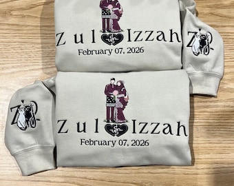Custom Embroidered Couple Sweatshirt, Personalized Wedding Hoodie, Names Date Portrait