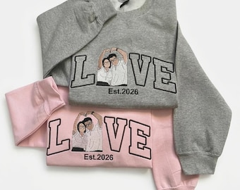 Custom Embroidered Couple Portrait Sweatshirt, Personalized LOVE Anniversary Hoodie