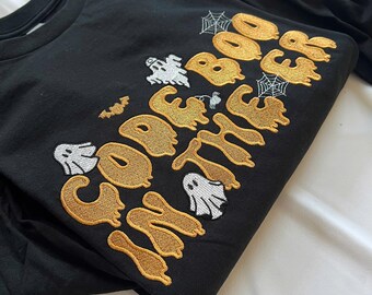 Embroidered Halloween Sweatshirt: Funny Nurse ER 'Code Boo' Ghost Top