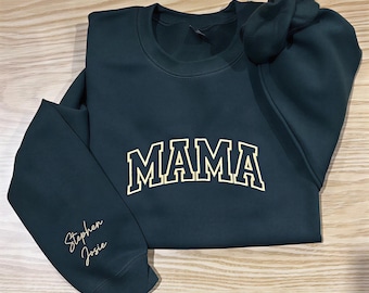 Custom Mama Embroidered Sweatshirt, Kids Names on Sleeve, Personalized Mom Crewneck Hoodie