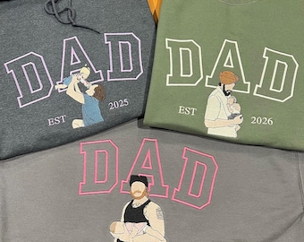 Custom Embroidered Dad Portrait Sweatshirt, Personalized Kids Names Sleeve