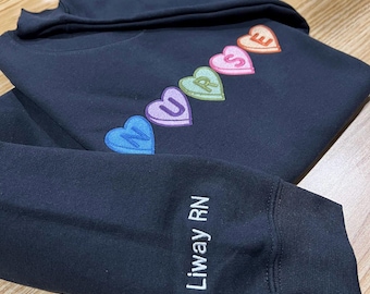 Embroidered Nurse Heart Sweatshirt, Pastel Colors, Personalized Sleeve Hoodie