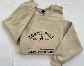 Embroidered Christmas Sweatshirt: North Pole Milk & Cookies Co. Reindeer Crewneck