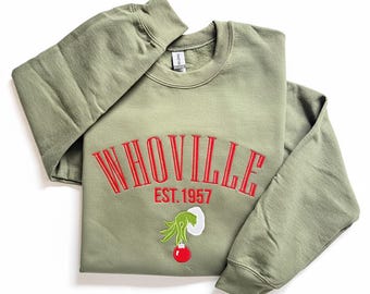 Felpa natalizia ricamata Whoville – Design con ornamento a mano Grinch – Maglione natalizio retrò