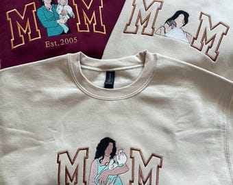 Custom Embroidered MOM Portrait Sweatshirt, Kids Names Sleeve, Est Year