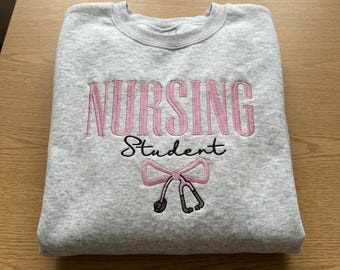 Nursing School Gift Embroidered Crewneck, Nursing Student Bow Stethoscope Sweatshirt, Future Nurse Hoodie, Back to School Nursing Merch