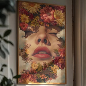 Impression d&#39;art de visage floral rêveur | Portrait de femme botanique surréaliste | Décoration murale florale éthérée | Poster Nature fantastique