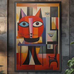 Bold Cubist Cat Art Print | Picasso Inspired Feline Portrait | Modern Abstract Animal Decor | Colorful Geometric Kitty | Unique Art Gift
