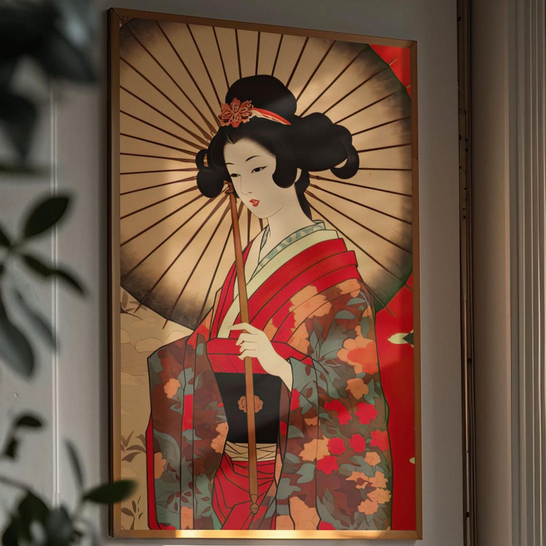 Vintage Japanese Geisha Art Print | Ukiyo-e Woman With Umbrella ...