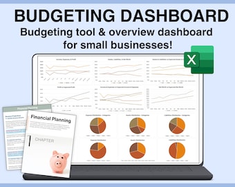May include: A laptop screen displaying a budgeting dashboard with various charts and graphs. The dashboard is titled "Budgeting Dashboard" and includes the text "Budgeting tool & overview dashboard for small businesses!" The screen also shows a Microsoft Excel spreadsheet icon. Two books titled "Financial Planning" are visible on the left side of the screen.
